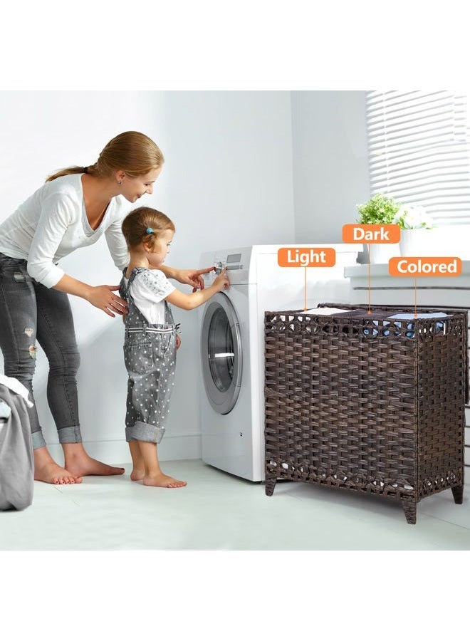 Hermina Laundry Hamper with 3 Removable Liner Bags; 132L Handwoven Rattan Laundry Basket with Lid & Heightened Feet; Clothes Hamper with Side Handles; Laundry Sorter with 3 Separate Sections (Brown) - Image 2