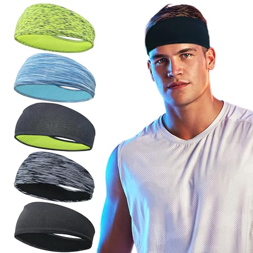 CellElection 5 Pack Sports Headband for Men, Thin Breathable Design, Reused & Washed Mens Headband Sweat Bands for Running Yoga Football Fitness Workout - Image 1
