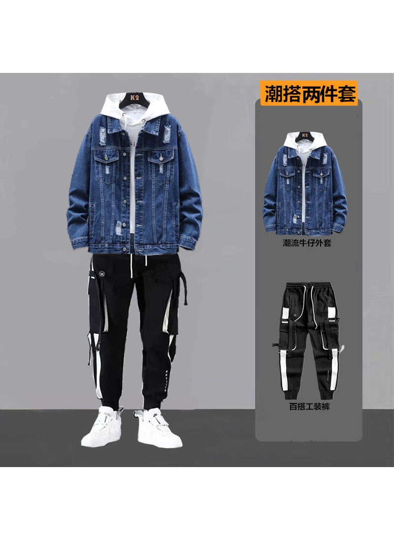 Generic Mens Stylish Spring Denim Suit Jacket with Pants Set 06 dark blue + overalls 