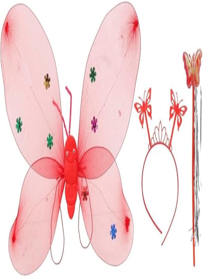 Generic Butterfly Wings for Girls Back with Wand and Bow Headband Light Up Bright Colors - Red 