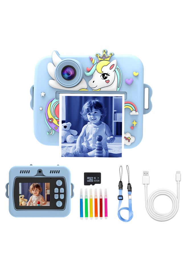 Generic Private Model Of The Children's Camera A Shot Of Both Cartoon Digital High-definition Color Printing Camera-Color:Blue Unicorn  Blue + 32g Memory Card + Exquisite Packaging  - Image 1