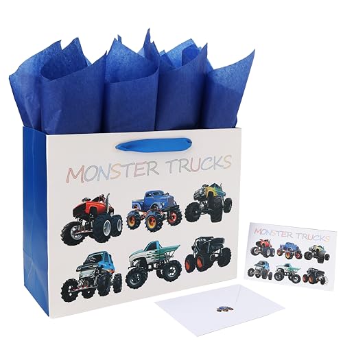 Qirrmiy 13" Large Birthday Gift Bags Set with Greeting Card and Tissue Paper (Monster Trucks Design) for boys, Kids, Baby boy,Baby Shower,Newborn,New Moms or Parents -13”x5.2”x10.2”, 1 Pcs - Image 1