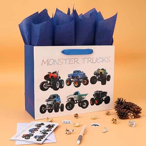 Qirrmiy 13" Large Birthday Gift Bags Set with Greeting Card and Tissue Paper (Monster Trucks Design) for boys, Kids, Baby boy,Baby Shower,Newborn,New Moms or Parents -13”x5.2”x10.2”, 1 Pcs - Image 5