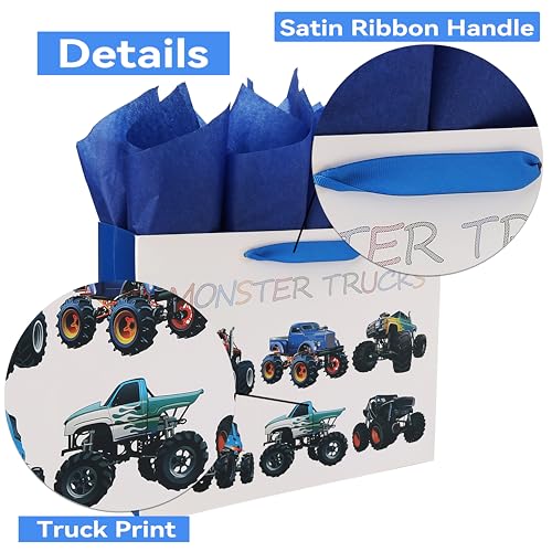 Qirrmiy 13" Large Birthday Gift Bags Set with Greeting Card and Tissue Paper (Monster Trucks Design) for boys, Kids, Baby boy,Baby Shower,Newborn,New Moms or Parents -13”x5.2”x10.2”, 1 Pcs - Image 4