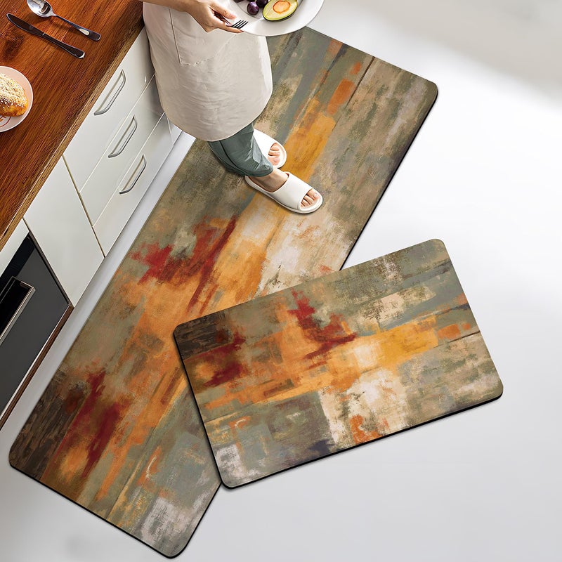 keensoft Orange Anti-Fatigue Kitchen Rugs Set of 2 Burnt Orange Cushioned Comfort Kitchen Mats Abstract Art Heavy Duty Standing Floor Mat Carpets for Kitchen Laundry, 17.3"x28"+17.3"x47" - Image 1