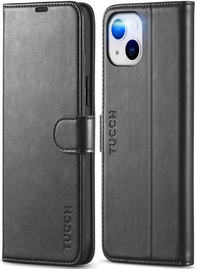 TUCCH PU Leather Magnetic Protective Flip Cover Compatible with iPhone 14 Plus, 6.7in 2022, Black - Image 1