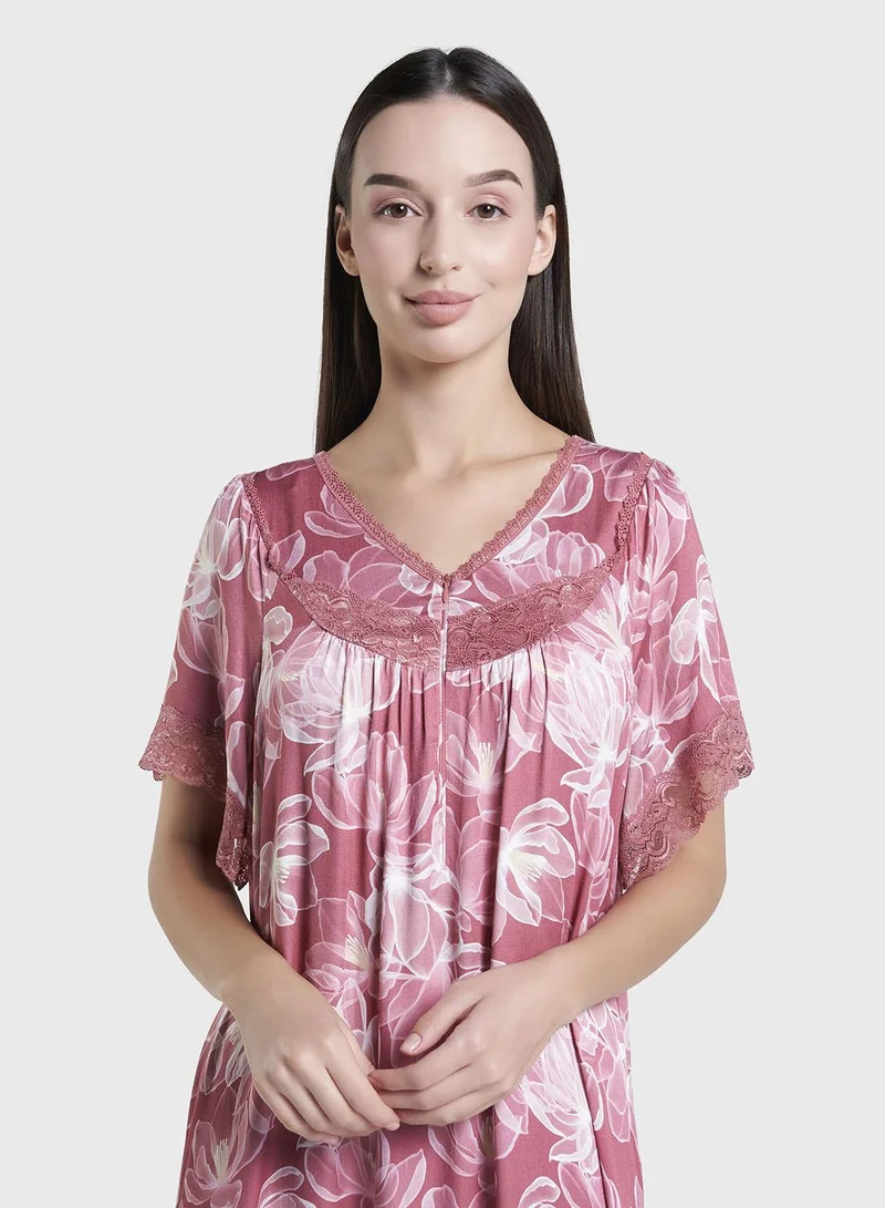 كشخة Rose Color Floral Print Viscose Mini Nightwear Dress (CNH474)