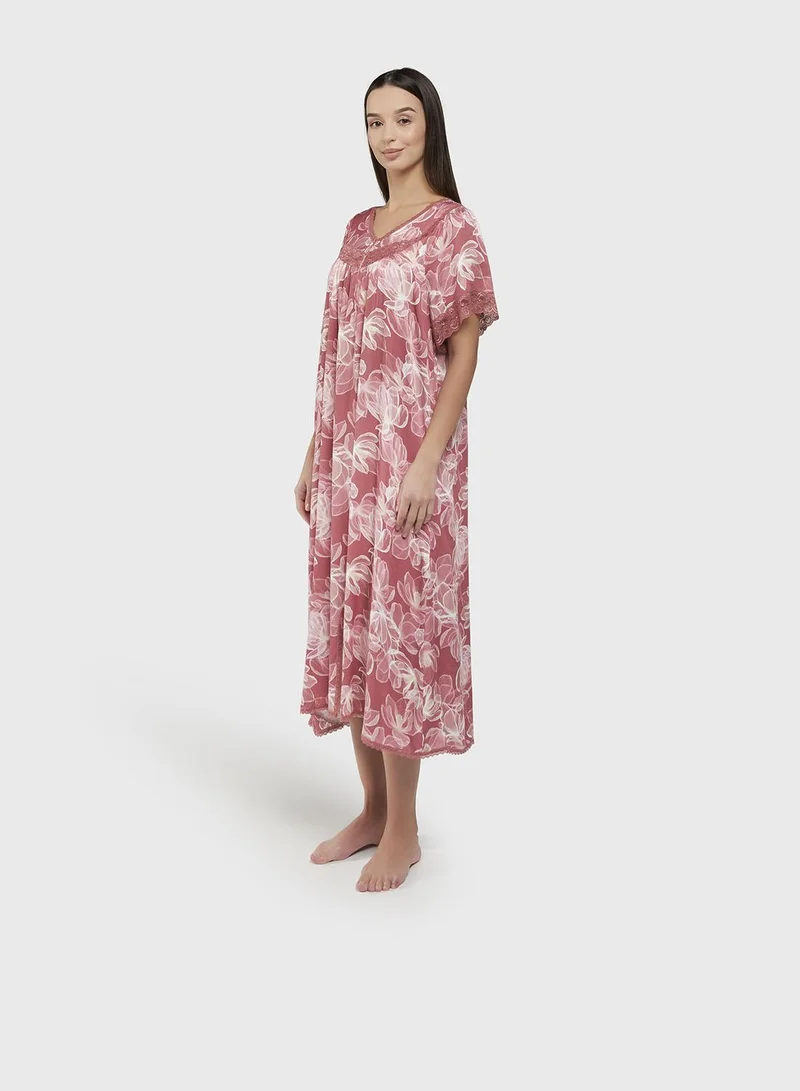 Kashkha  Rose Color Floral Print Viscose Mini Nightwear Dress (CNH474) for Women | Best Price UAE