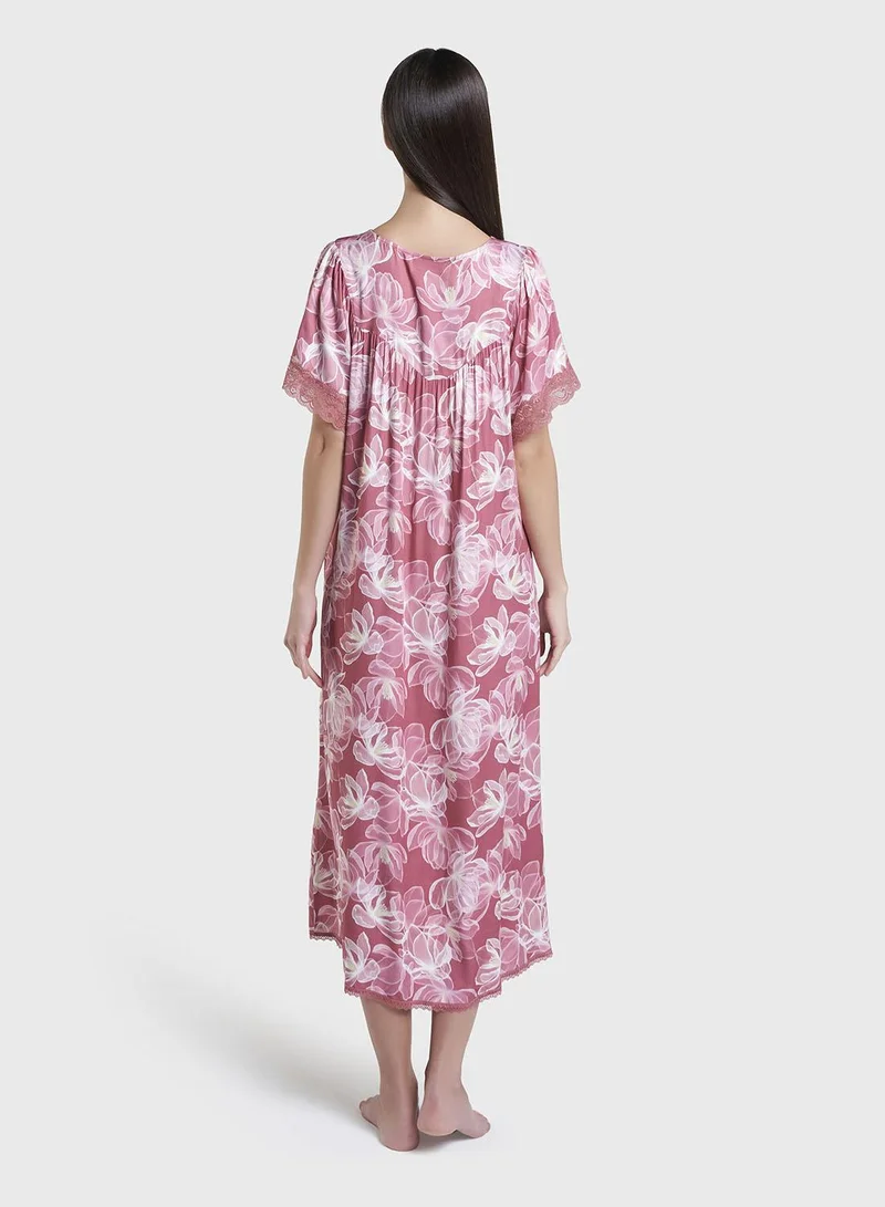 Kashkha  Rose Color Floral Print Viscose Mini Nightwear Dress (CNH474) for Women | Best Price UAE