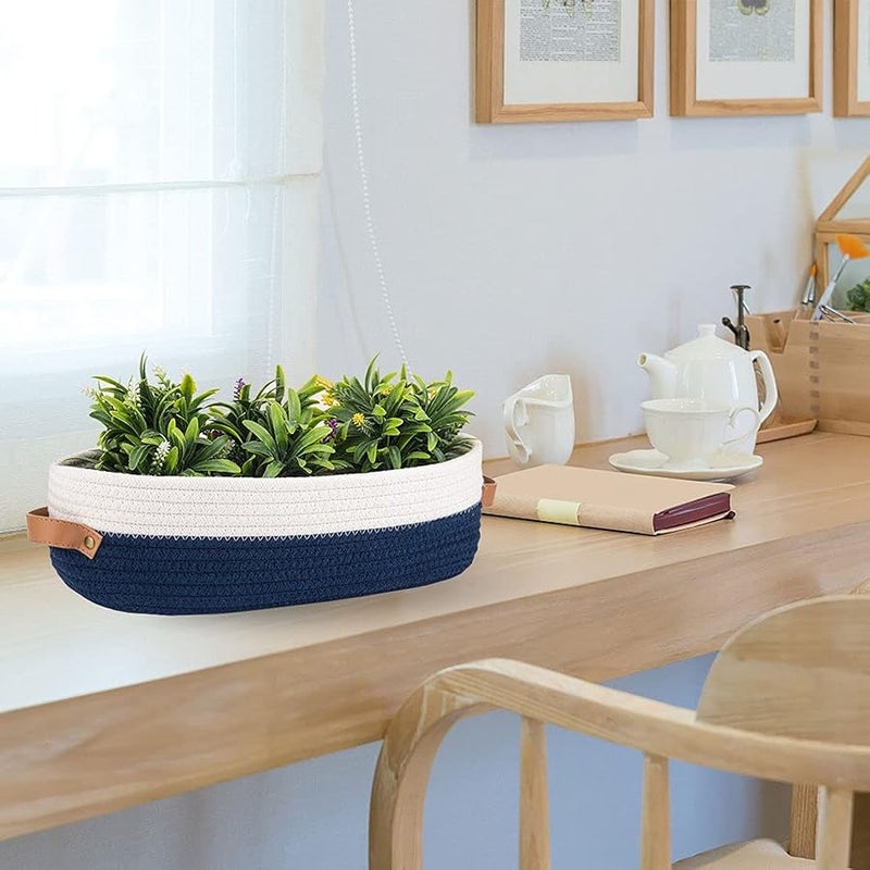 Oradrem Toilet Basket,Woven Storage Basket for Toilet Tank Top Farmhouse Home Decor Organizing Baskets 13x5.9x4 Navy Stitching White - Image 2
