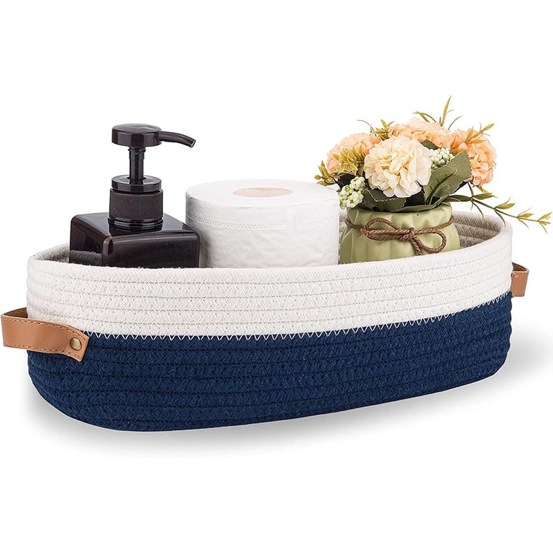 Oradrem Toilet Basket,Woven Storage Basket for Toilet Tank Top Farmhouse Home Decor Organizing Baskets 13x5.9x4 Navy Stitching White - Image 1