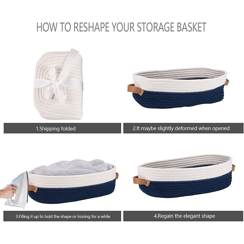 Oradrem Toilet Basket,Woven Storage Basket for Toilet Tank Top Farmhouse Home Decor Organizing Baskets 13x5.9x4 Navy Stitching White - Image 4