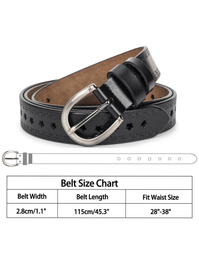 Women's Vintage Leather Belt 2-Pack, Floral Hollow Pattern, Brown & Black, 115cm x 2.8cm - Image 2