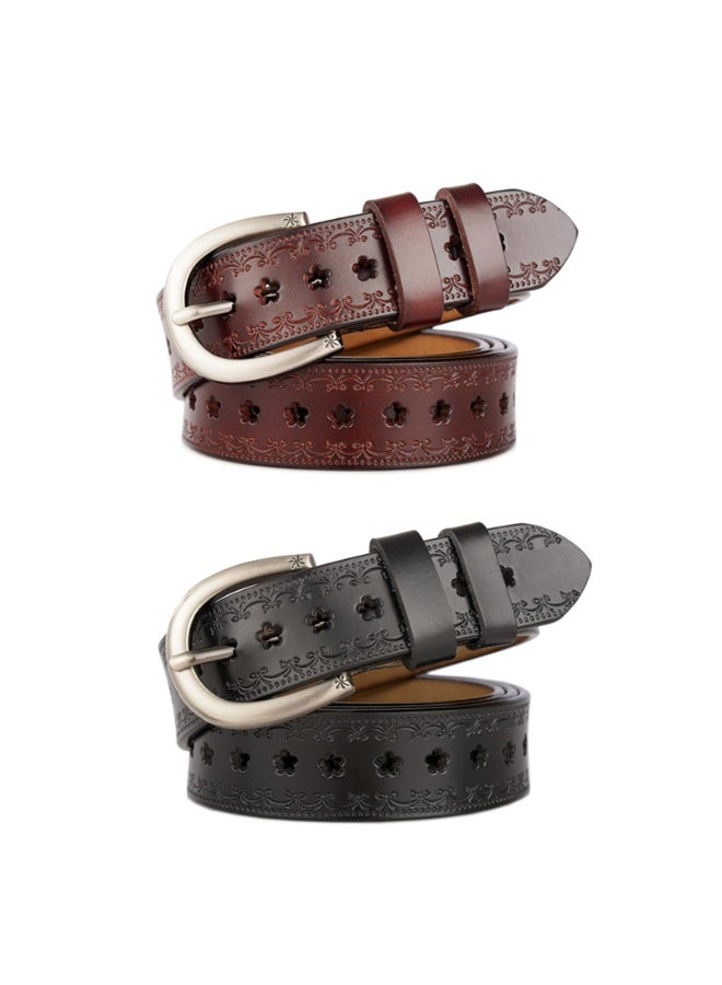 Women's Vintage Leather Belt 2-Pack, Floral Hollow Pattern, Brown & Black, 115cm x 2.8cm - Image 1