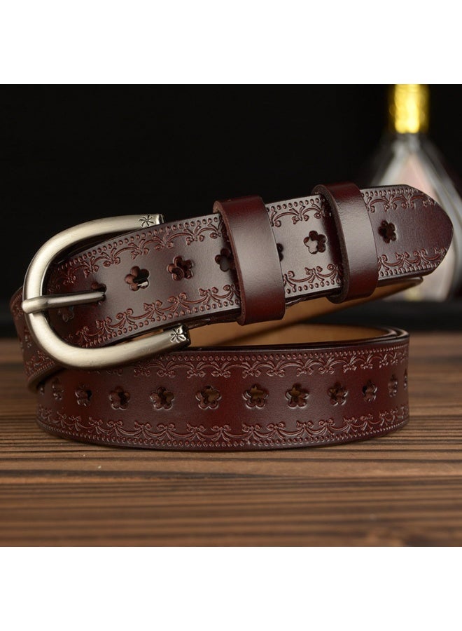 Women's Vintage Leather Belt 2-Pack, Floral Hollow Pattern, Brown & Black, 115cm x 2.8cm - Image 3