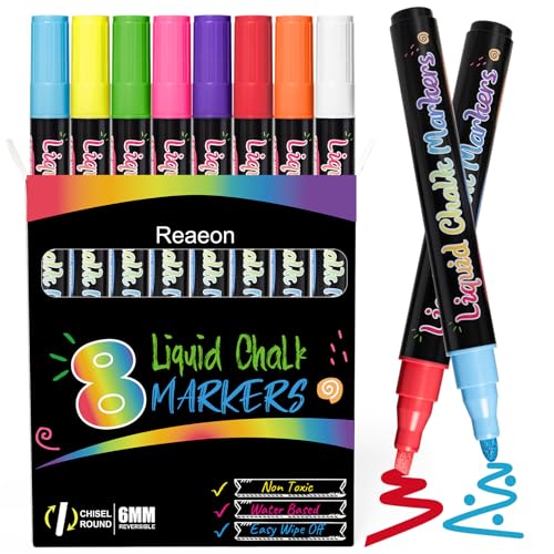 Reaeon Chalk Markers, Vibrant Color Liquid Chalk Pens, for Chalkboard, Blackboard, Window, Glass, Mirror, Water-Based, Non-Toxic, 6mm Reversible Tip, 8 Pack - Image 1