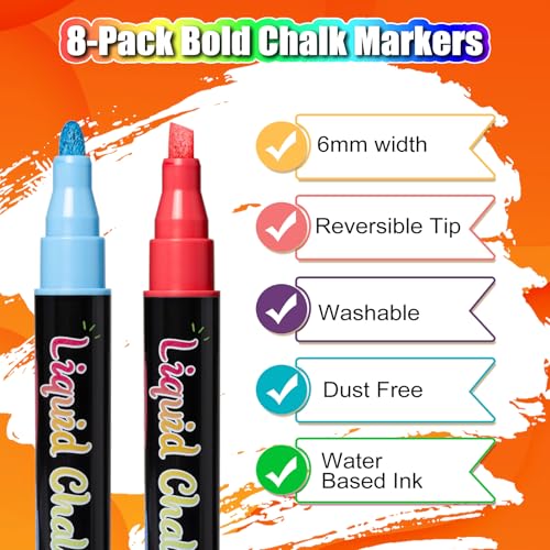 Reaeon Chalk Markers, Vibrant Color Liquid Chalk Pens, for Chalkboard, Blackboard, Window, Glass, Mirror, Water-Based, Non-Toxic, 6mm Reversible Tip, 8 Pack - Image 2