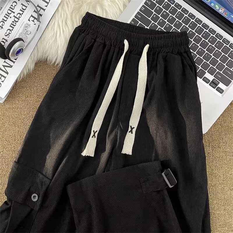 Corduroy Casual Pants for Boys 2024 Summer New Arrival Hong Kong Style Retro Trendy Brand Vertical Loose Straight Leg Wide-Leg Pants Black - Image 2