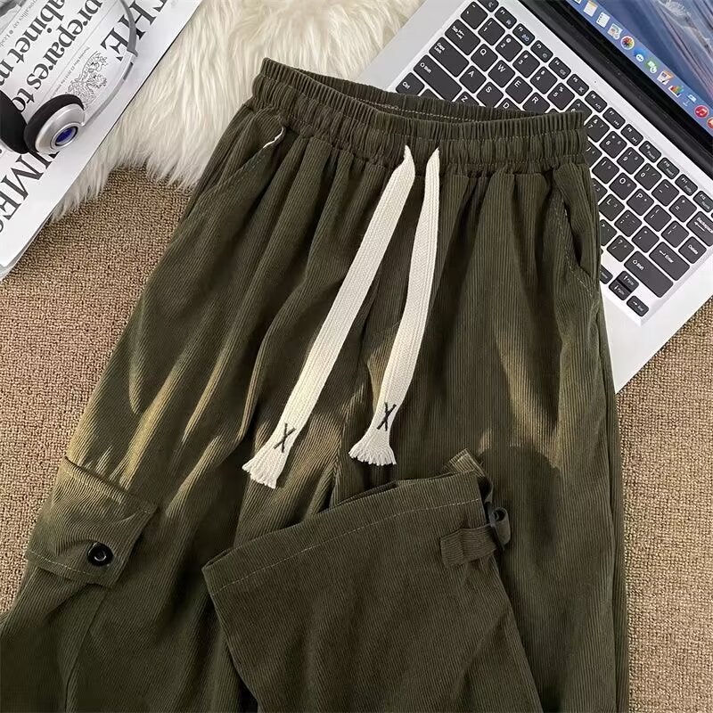 Corduroy Casual Pants for Boys 2024 Summer New Arrival Hong Kong Style Retro Trendy Brand Vertical Loose Straight Leg Wide-Leg Pants Black - Image 1