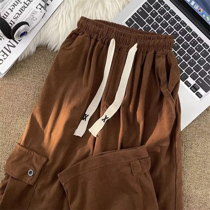 Corduroy Casual Pants for Boys 2024 Summer New Arrival Hong Kong Style Retro Trendy Brand Vertical Loose Straight Leg Wide-Leg Pants Black - Image 3