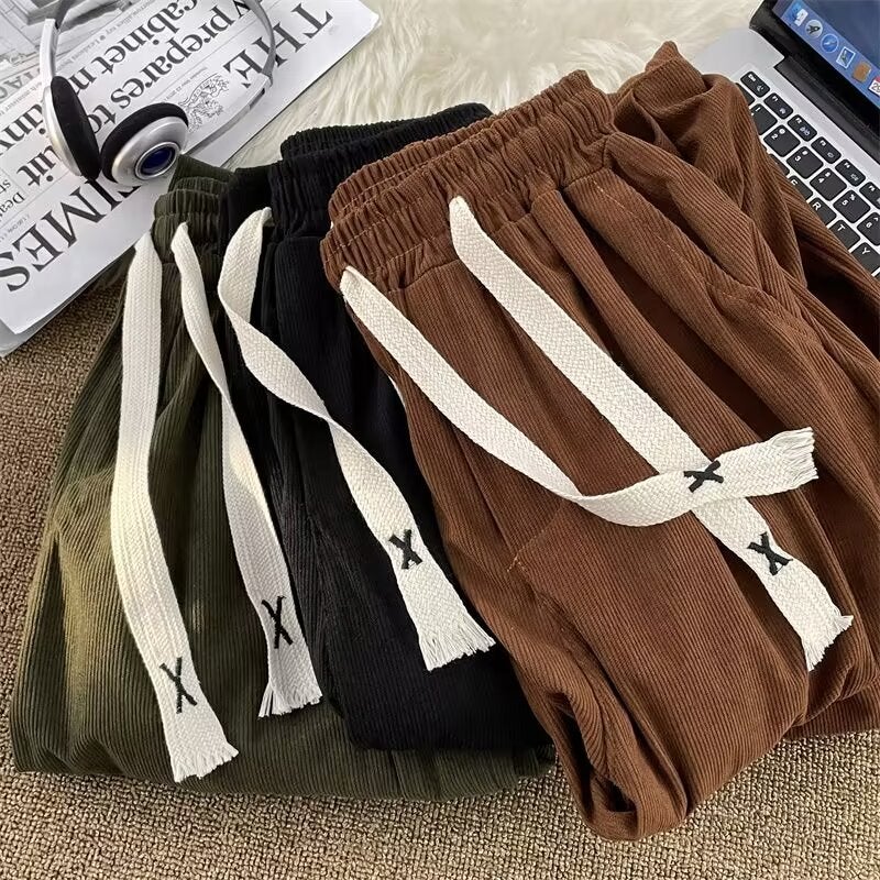 Corduroy Casual Pants for Boys 2024 Summer New Arrival Hong Kong Style Retro Trendy Brand Vertical Loose Straight Leg Wide-Leg Pants Black - Image 4