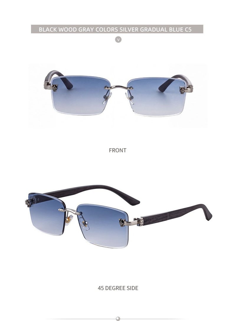 Luxury Rimless Wood Grain Temples Sunglasses for Men, UV400 Protection Anti-Glare Driving Glasses, Lightweight Frameless Design - Image 3