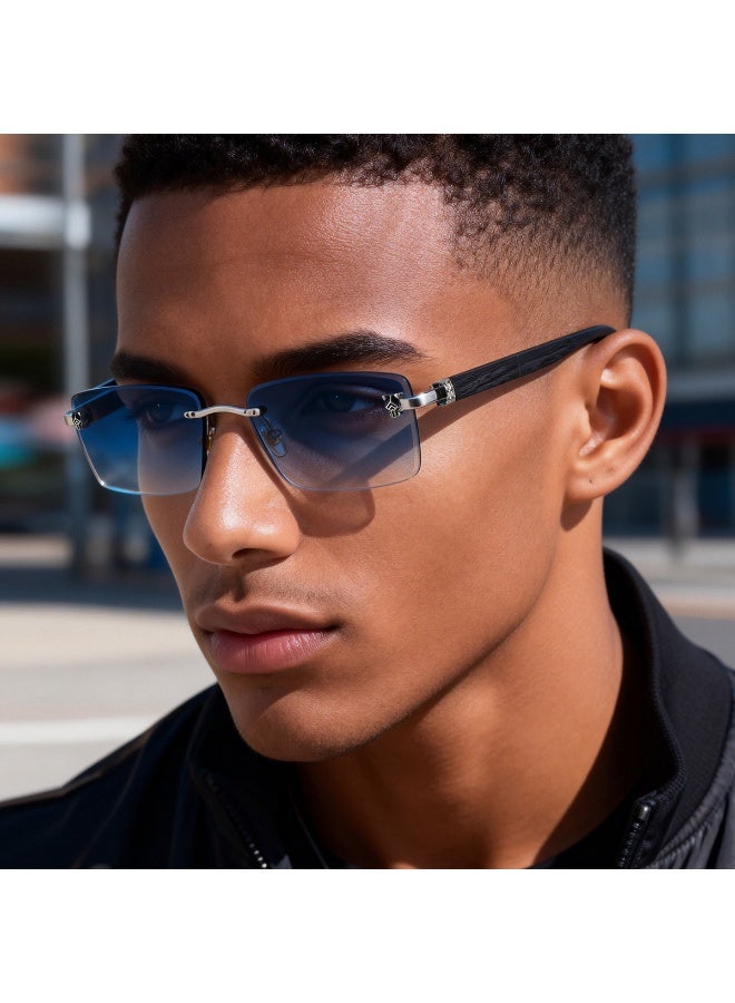 Luxury Rimless Wood Grain Temples Sunglasses for Men, UV400 Protection Anti-Glare Driving Glasses, Lightweight Frameless Design - Image 1