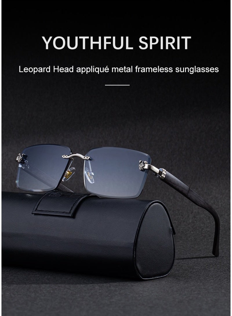 Luxury Rimless Wood Grain Temples Sunglasses for Men, UV400 Protection Anti-Glare Driving Glasses, Lightweight Frameless Design - Image 2