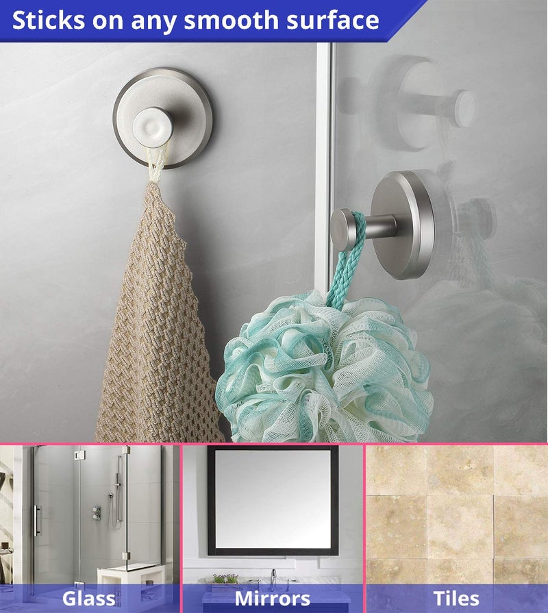 HOME SO Suction Cup Hooks for Shower, Bathroom, Kitchen, Glass Door, Mirror, Tile – Loofah, Towel, Coat, Bath Robe Hook Holder for Hanging up to 15 lbs – Polished Matte Chrome, Brushed Nickel (4-pack) - Image 3