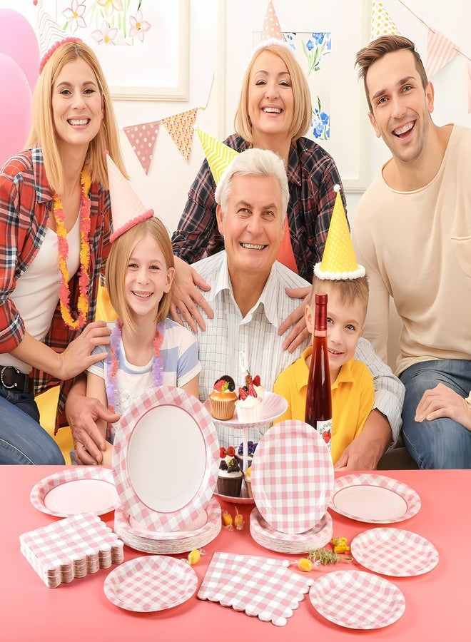 Purhapfre 175Pcs Pink Gingham Party Supplies Pink Gingham Paper Plates and Napkins Cups Checkered Plates Disposable LightPink and White Plaid Party Decor for Birthday Family Fall Picnic BBQ,Serves 25 Guests - Image 5