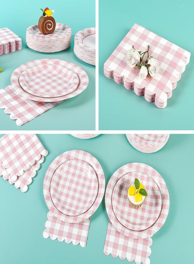 Purhapfre 175Pcs Pink Gingham Party Supplies Pink Gingham Paper Plates and Napkins Cups Checkered Plates Disposable LightPink and White Plaid Party Decor for Birthday Family Fall Picnic BBQ,Serves 25 Guests - Image 4