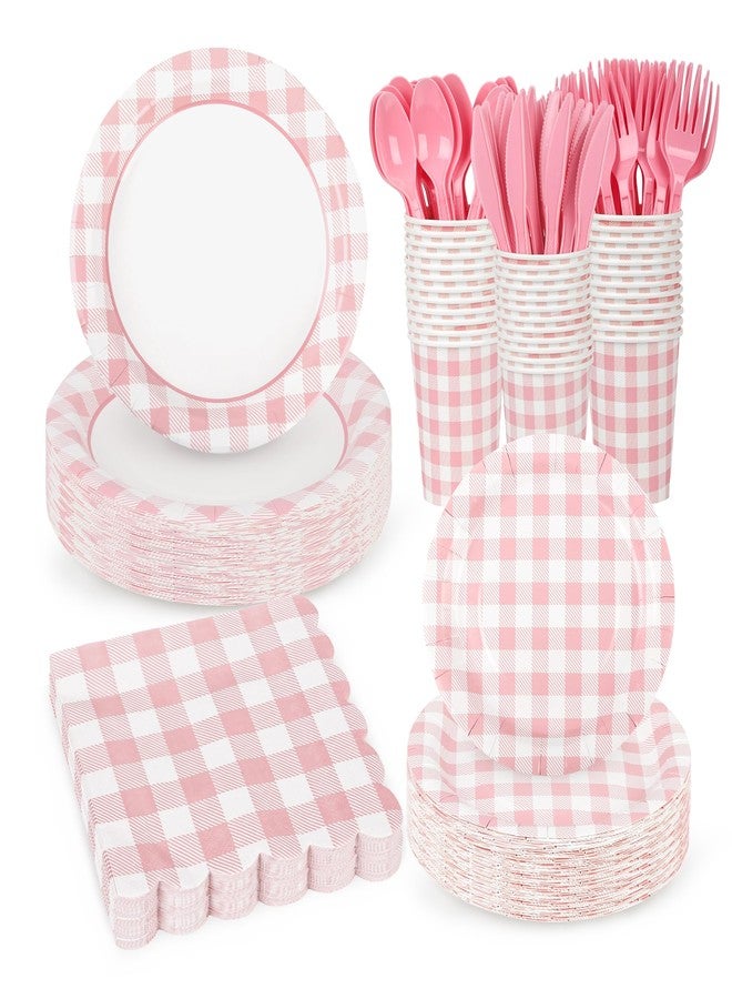 Purhapfre 175Pcs Pink Gingham Party Supplies Pink Gingham Paper Plates and Napkins Cups Checkered Plates Disposable LightPink and White Plaid Party Decor for Birthday Family Fall Picnic BBQ,Serves 25 Guests - Image 1