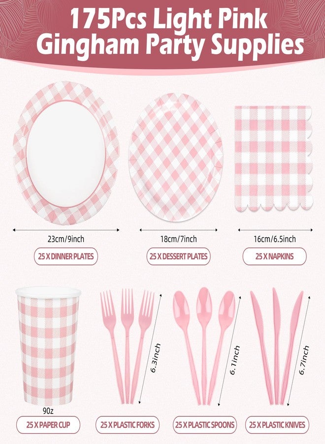 Purhapfre 175Pcs Pink Gingham Party Supplies Pink Gingham Paper Plates and Napkins Cups Checkered Plates Disposable LightPink and White Plaid Party Decor for Birthday Family Fall Picnic BBQ,Serves 25 Guests - Image 2