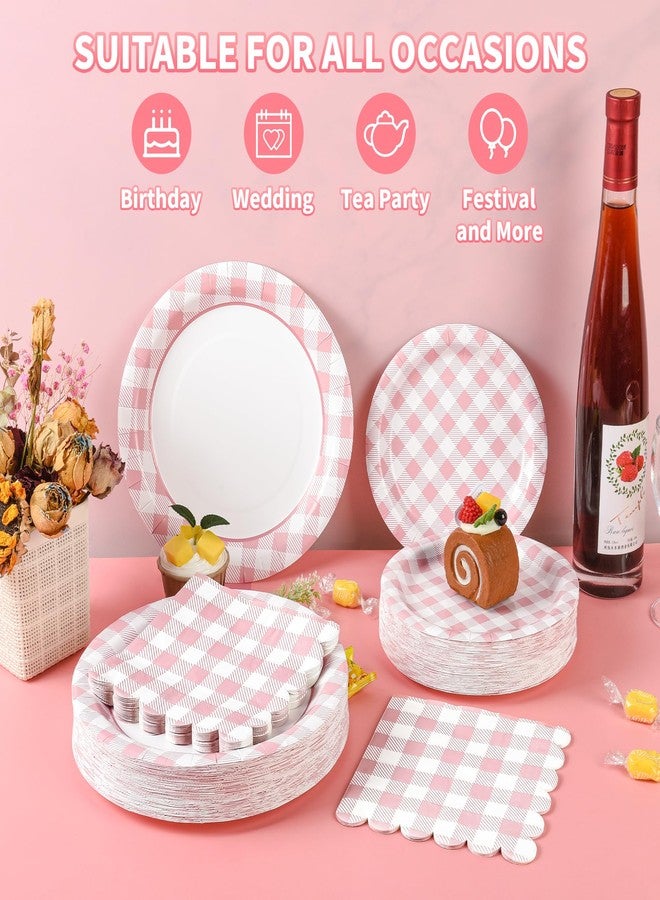 Purhapfre 175Pcs Pink Gingham Party Supplies Pink Gingham Paper Plates and Napkins Cups Checkered Plates Disposable LightPink and White Plaid Party Decor for Birthday Family Fall Picnic BBQ,Serves 25 Guests - Image 3