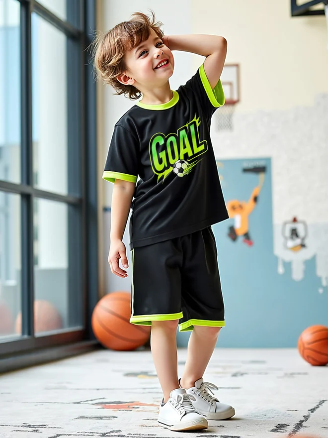 ستايلي Styli Kids 2pcs Black and Yellow Short Sleeve T-Shirt and Shorts Jersey Sets