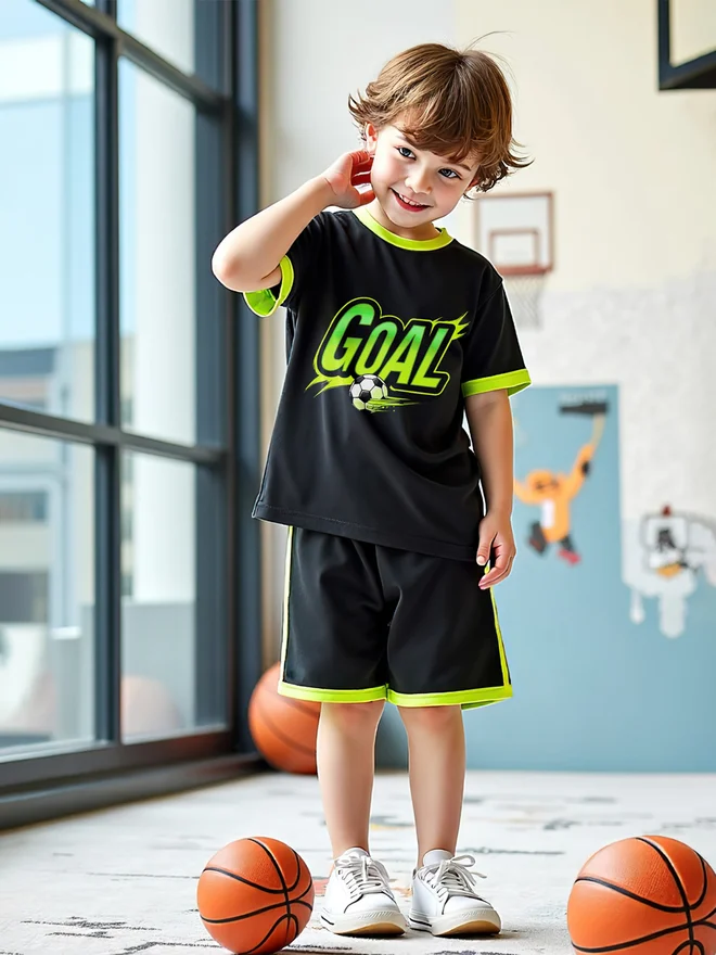 ستايلي Styli Kids 2pcs Black and Yellow Short Sleeve T-Shirt and Shorts Jersey Sets