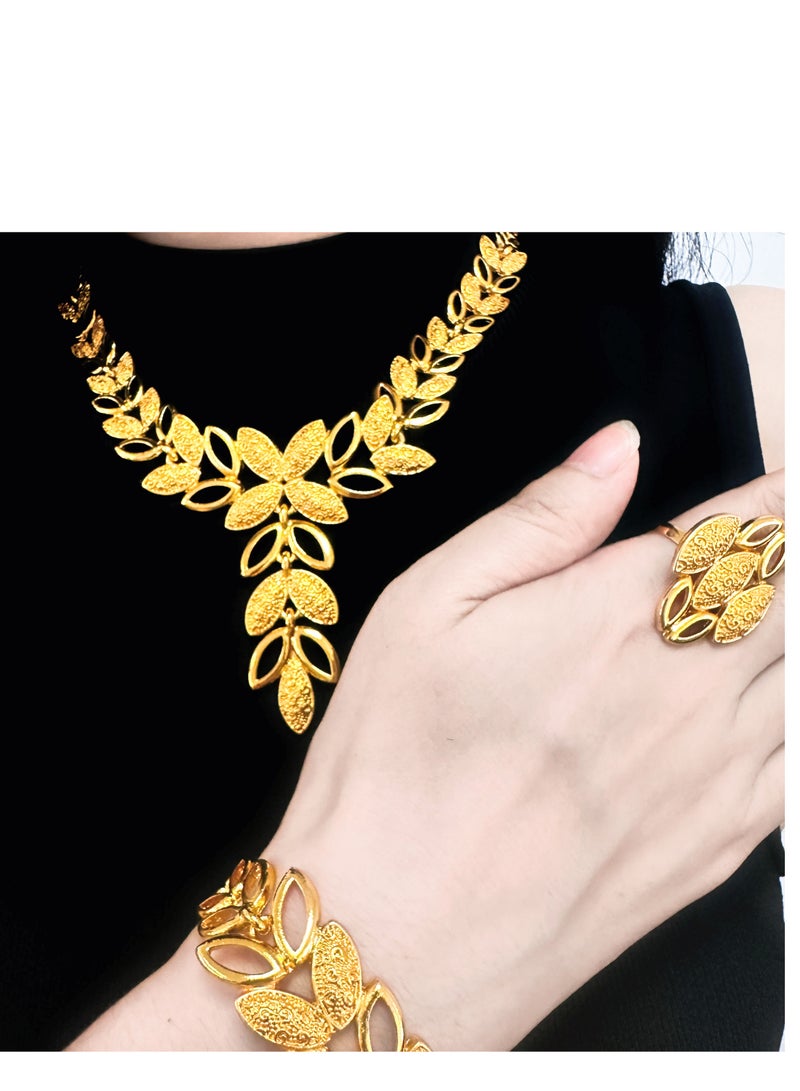 4-Piece 24K Gold Plated Wedding Jewelry Set With Necklace, Bangle, Earrings and ring - Image 4