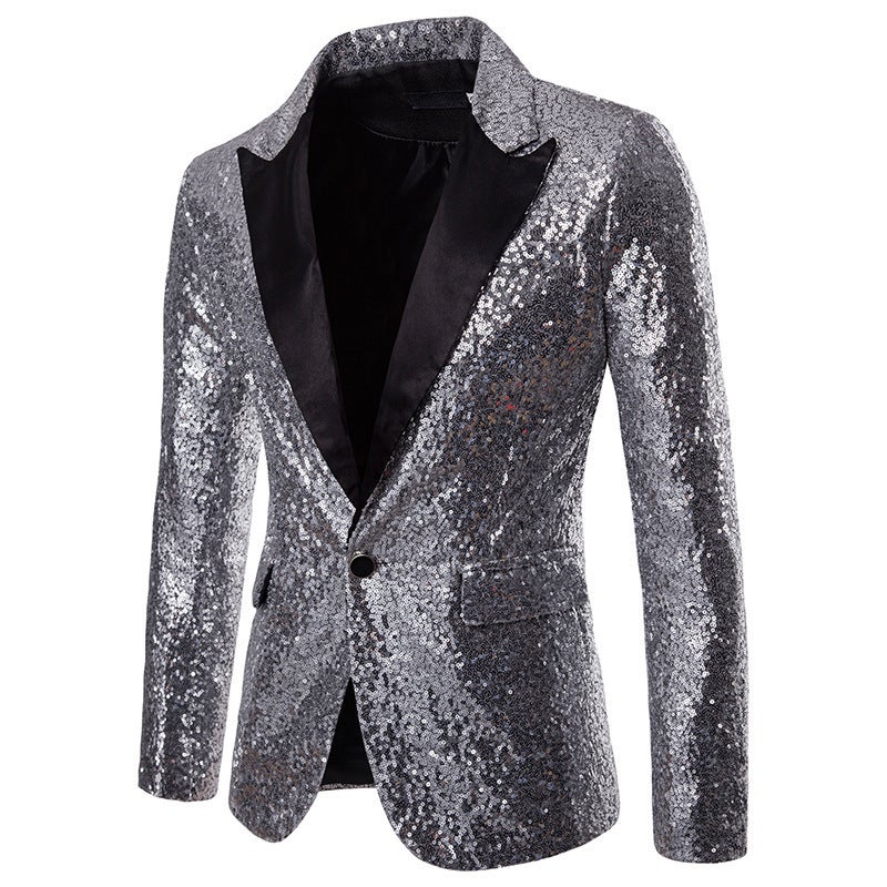 Suit Mens Foreign Trade Performance Dress Sequins European Code Suit Nightclub Mens Host MC Studio European and American Mens Coat silver black collar