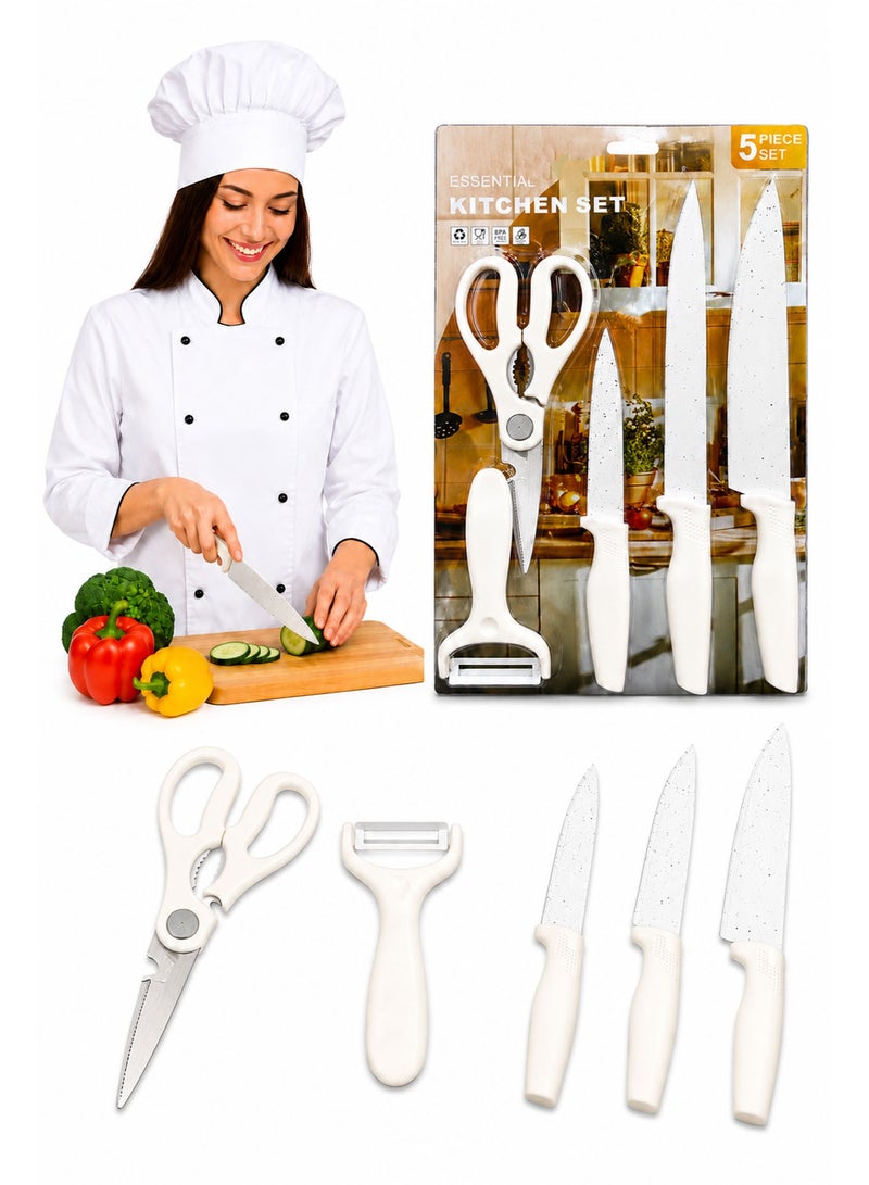 5 Piece Kitchen Knife Set with Scissors & Peeler, Non-Stick Stainless Steel Blades, Multipurpose Cooking Knife Set for Fruits, Vegetables & Meat, White - Image 1
