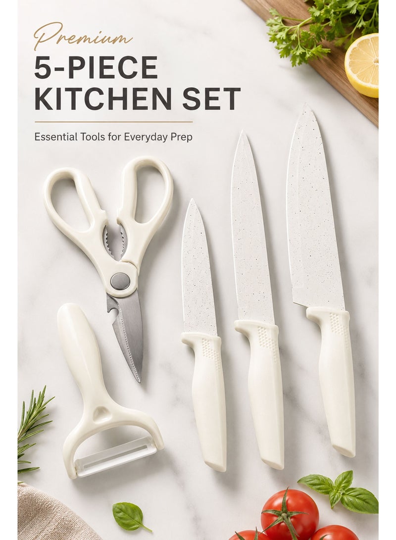 5 Piece Kitchen Knife Set with Scissors & Peeler, Non-Stick Stainless Steel Blades, Multipurpose Cooking Knife Set for Fruits, Vegetables & Meat, White - Image 5