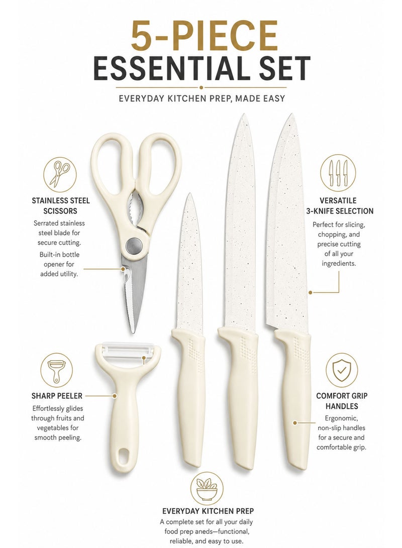 5 Piece Kitchen Knife Set with Scissors & Peeler, Non-Stick Stainless Steel Blades, Multipurpose Cooking Knife Set for Fruits, Vegetables & Meat, White - Image 3