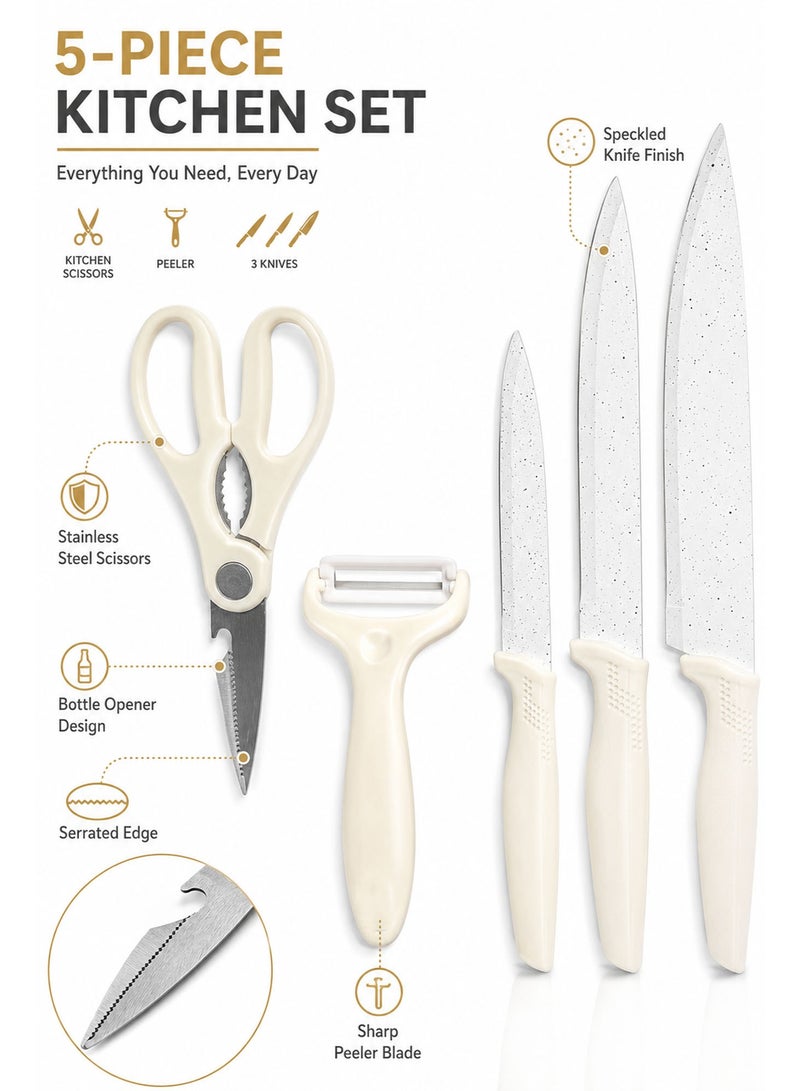 5 Piece Kitchen Knife Set with Scissors & Peeler, Non-Stick Stainless Steel Blades, Multipurpose Cooking Knife Set for Fruits, Vegetables & Meat, White - Image 2