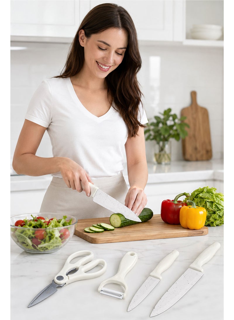 5 Piece Kitchen Knife Set with Scissors & Peeler, Non-Stick Stainless Steel Blades, Multipurpose Cooking Knife Set for Fruits, Vegetables & Meat, White - Image 4