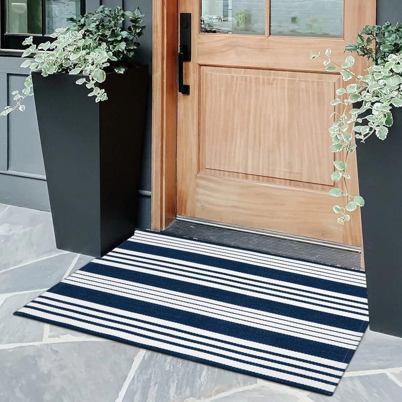 OJIA Front Door Mats Outdoor 2'x3' Striped Front Door Rug Washable Door Mats Cotton Woven Indoor Outdoor Rugs Farmhouse Small Area Rug Layered Doormat for Porch/Entryway/Kitchen/Home Entrance Decor - Image 1