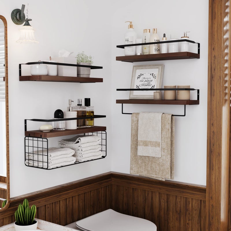 LUDORU Wood Floating Shelves Wall Mounted - 4+1 Tier Rustic Bathroom Wall Shelves Over Toilet with Wire Storage Basket and Towel Bar, Set of 4 Farmhouse Floating Shelf for Bathroom, Kitchen, Bedroom. - Image 3