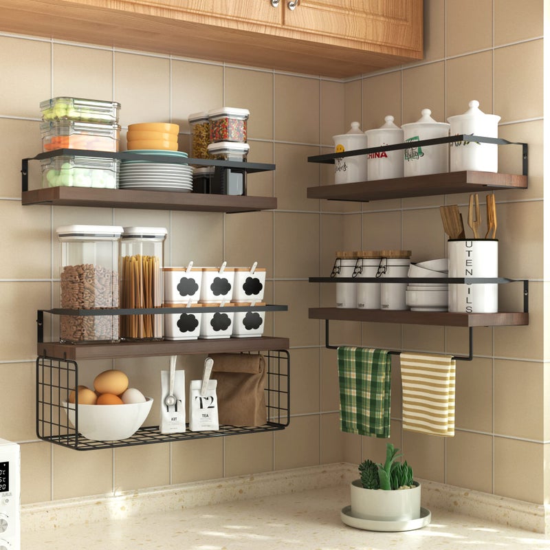 LUDORU Wood Floating Shelves Wall Mounted - 4+1 Tier Rustic Bathroom Wall Shelves Over Toilet with Wire Storage Basket and Towel Bar, Set of 4 Farmhouse Floating Shelf for Bathroom, Kitchen, Bedroom. - Image 5