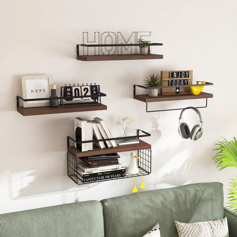LUDORU Wood Floating Shelves Wall Mounted - 4+1 Tier Rustic Bathroom Wall Shelves Over Toilet with Wire Storage Basket and Towel Bar, Set of 4 Farmhouse Floating Shelf for Bathroom, Kitchen, Bedroom. - Image 4