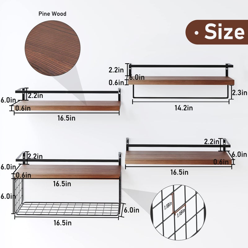 LUDORU Wood Floating Shelves Wall Mounted - 4+1 Tier Rustic Bathroom Wall Shelves Over Toilet with Wire Storage Basket and Towel Bar, Set of 4 Farmhouse Floating Shelf for Bathroom, Kitchen, Bedroom. - Image 2
