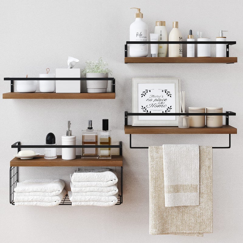 LUDORU Wood Floating Shelves Wall Mounted - 4+1 Tier Rustic Bathroom Wall Shelves Over Toilet with Wire Storage Basket and Towel Bar, Set of 4 Farmhouse Floating Shelf for Bathroom, Kitchen, Bedroom. - Image 1