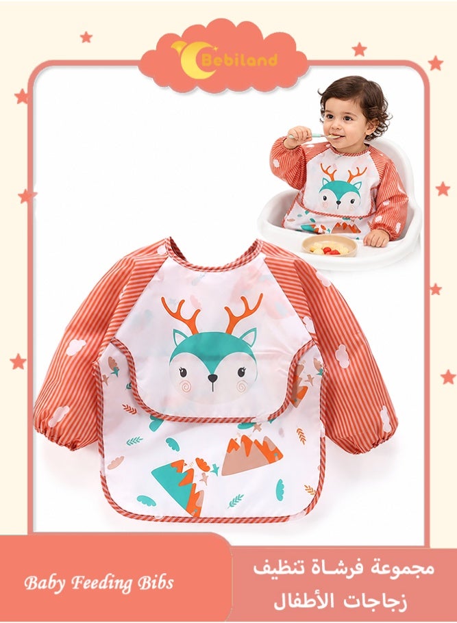 Bebiland Baby Waterproof Long Sleeve Bib, Lightweight Toddler Feeding Smock with Upward-Turn Pocket, Protective Coverall for Self-Feeding and Painting, for 1-3 Years (Deer Pattern) - Image 1